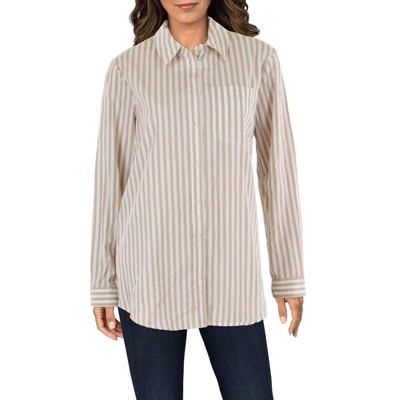 Tahari ASL Womens Tan Cotton Striped Button-Down Top Shirt L BHFO 1516