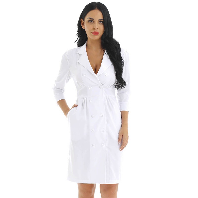 Women's Scrub Lab Coat Medical Nurse Doctor Uniform Dress Jacket