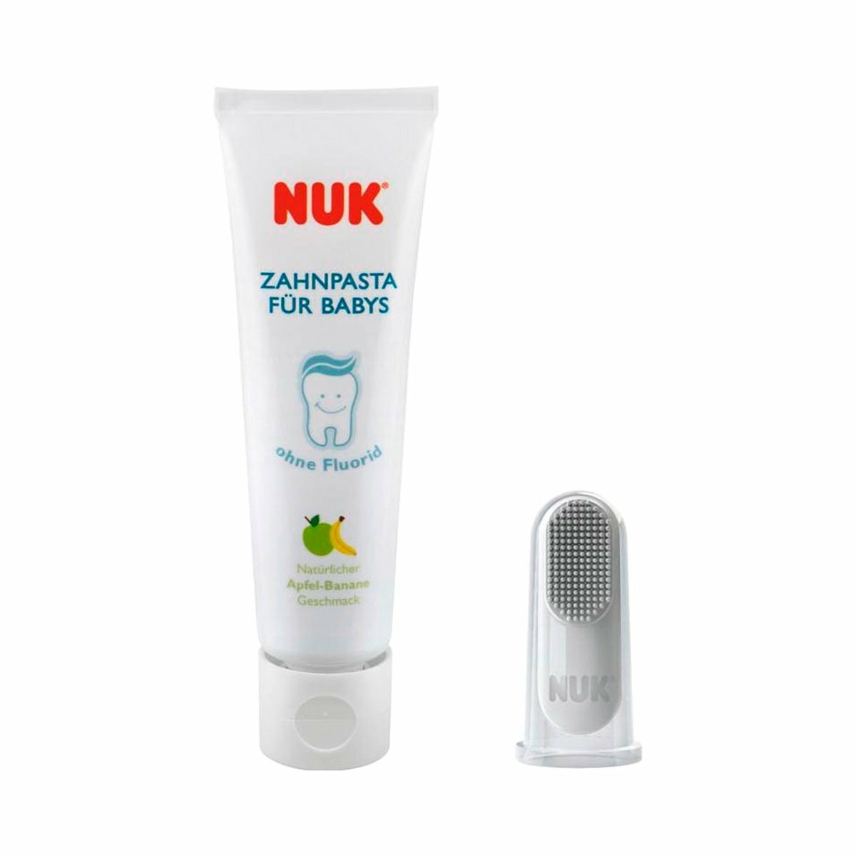 NUK Mundpflege-Set mit Baby-Zahnpasta und natürlichem Apfel-Banane Geschmack, in