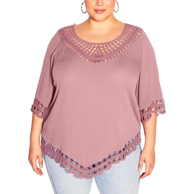 City Chic Womens Purple Crochet Trim Elbow Sleeve Blouse Top Plus 20 L BHFO 7772