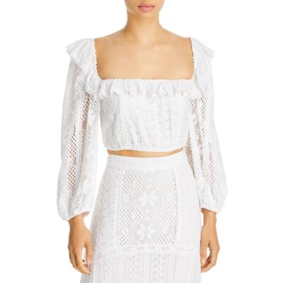 

LoveShackFancy Женский укороченный топ с кружевной накладкой и рюшами и рукавами епископ BHFO 7423, True white