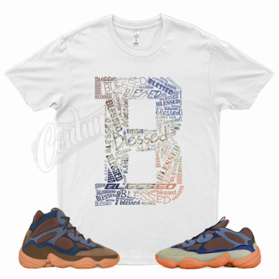 White BLESSED T Shirt for Adidas YZ 500 Enflame High Tactile Orange