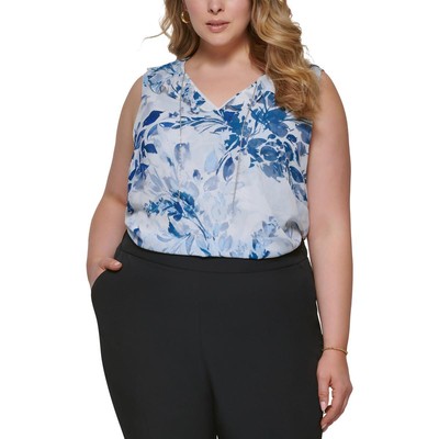 Женская синяя блузка для работы с цветочным принтом Calvin Klein Плюс 2X BHFO 4444