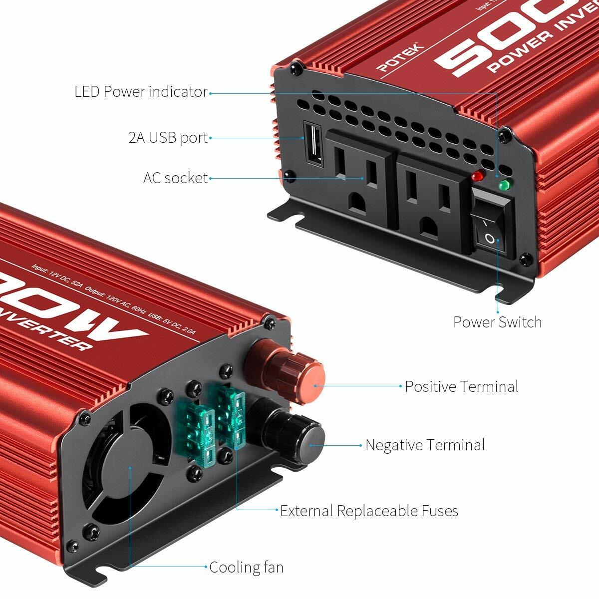 POTEK 500W Car Power Inverter DC 12V to AC 110V with 2 AC outlets and 2A USB