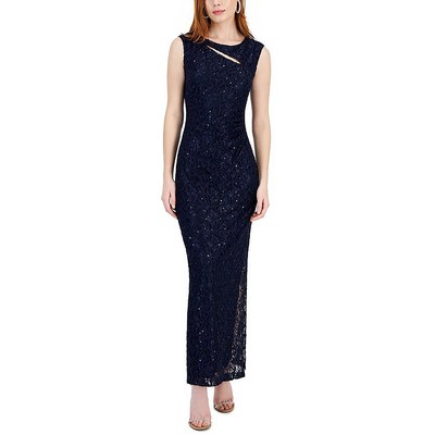 Связанная одежда Женское темно-синее кружевное вечернее платье с короткими рукавами-каплями 14 BHFO 7278