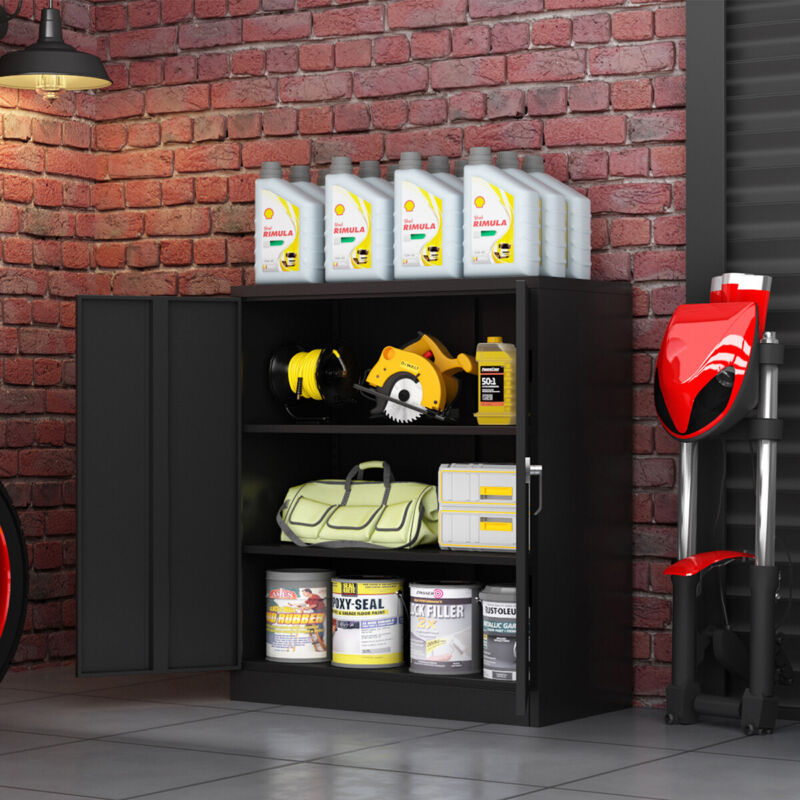 Office Storage Cabinet Lockable Garage Tools Metal w/2 Adjustable Shelves Black 