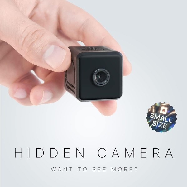 Hand holding compact hidden camera, text "Small Size.