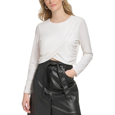 Calvin Klein Womens Ivory Cropped Long Sleeve Top Blouse Shirt L BHFO 7968