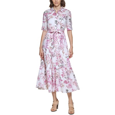 

Calvin Klein Женское белое многоярусное длинное платье-рубашка с поясом  BHFO 6132, Розовый