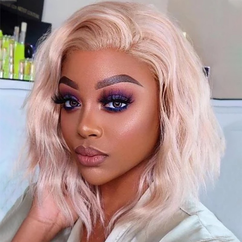 Women Light Pink Short Full Wavy Wig Fashion Afro Natural Kinky