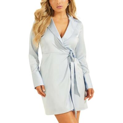

Guess Женское сатиновое мини-платье с запахом и длинными рукавами BHFO 8864, Airway blue