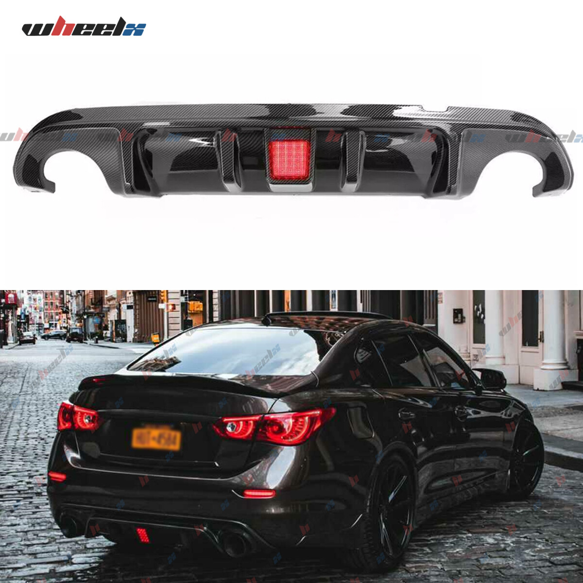 Carbon Fiber Rear Bumper Diffuser Lip for Infiniti Q50 2014-2017 W/ LED LIGHT