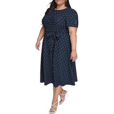 Женское трикотажное платье миди с рюшами в горошек от DKNY Plus BHFO 5722