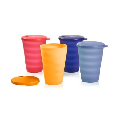 NEW! 4 TUPPERWARE Impressions 16oz Tumblers with DRIPLESS STRAW HOLE SEALS!!