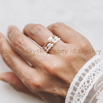 3 Pcs Women 4-5mm Natural Freshwater Pearl Beads Spacer Stretchy Finger Rings