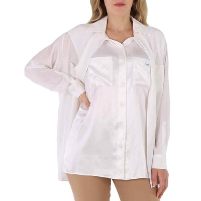Pre-owned Burberry Ladies Optic White Logo Applique Silk Satin Oversized Shirt, Brand Size