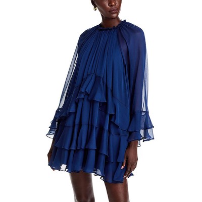 Женское темно-синее мини-платье цвета морской волны длиной выше колена из шифона с оборками XS BHFO 5363