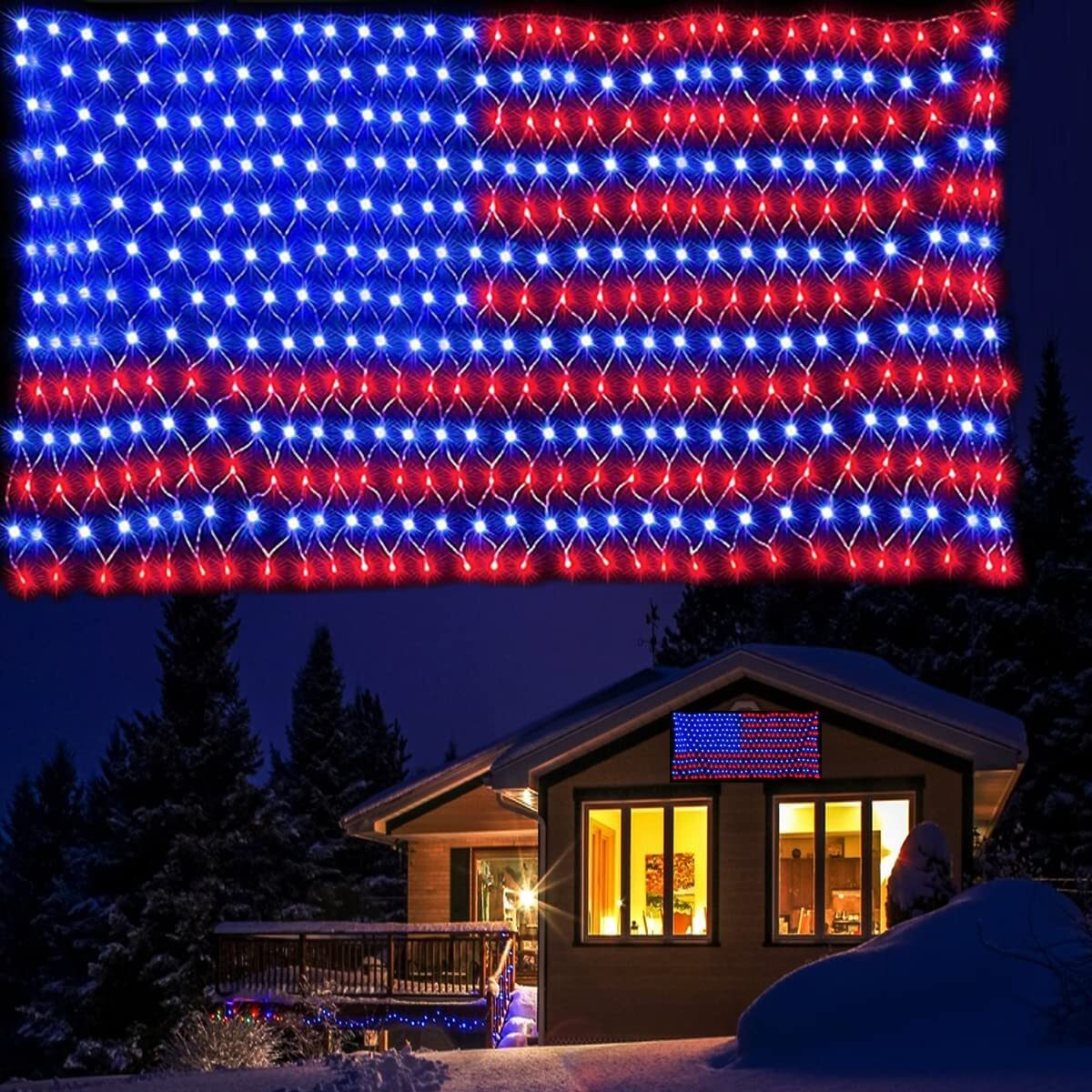 LED American Flag Lights USA Net 420 LED String Light Waterproof Garden Decor