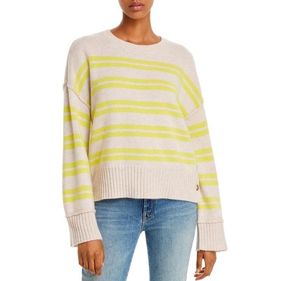 

Женский свитер из бежевого кашемира в полоску с круглым вырезом Aqua Cashmere  BHFO 4523, Oatmeal/dandelion
