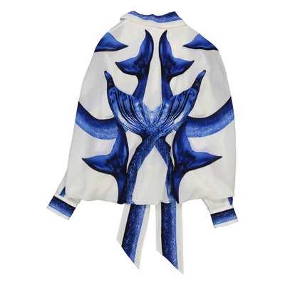 Pre-owned Burberry Ladies Mermaid Tail Print Tie-neck Cape Detail Blouse In Blue