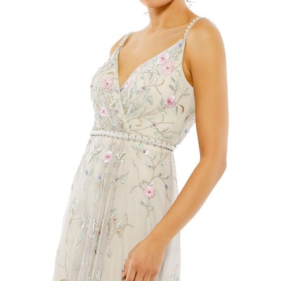 Pre-owned Mac Duggal Womens Beige Embellished Floral Evening Dress Gown 2 Bhfo 8677 In Beige Multi