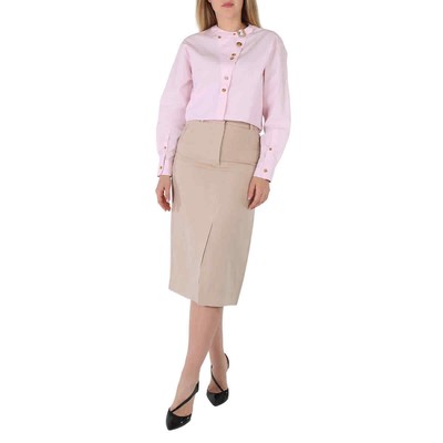 Pre-owned Burberry Ladies Oatmeal Linen Pencil Skirt In Beige