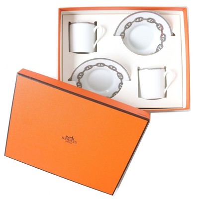 Hermes Paris Demitasse Cup & Saucer Pair Sets CHAINE D'ANCRE PLATINUM with Box
