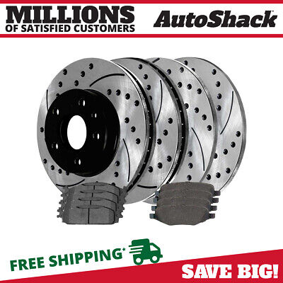 Front and Rear Drilled Brake Rotors Black & Pads for Ford Explorer Taurus Flex
