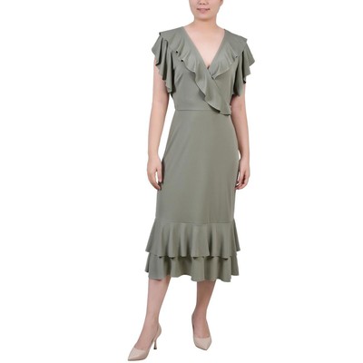 Женское зеленое длинное миди-платье А-силуэта с оборками Petites PL BHFO 1599 из коллекции NY Collection
