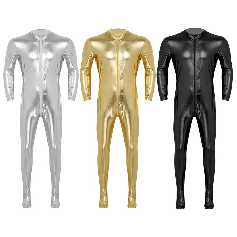 ️ Men Patent Leather Zipper Cat suit Wetlook Bodysuit Leotard Clubwear
