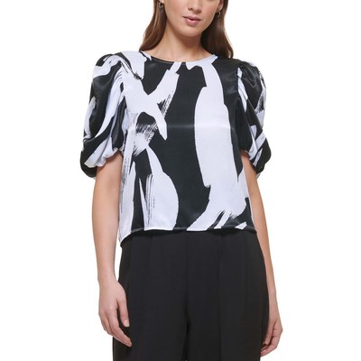 Женская черно-белая атласная блузка с пышными рукавами и принтом DKNY, S BHFO 3786