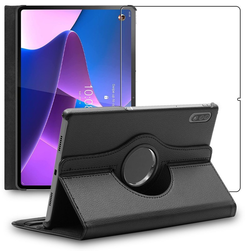 Housse Lenovo Tab P12 Pro Tablette Etui Rotatif 360 Pu Cuir + Verre TrempÃ©, Noir