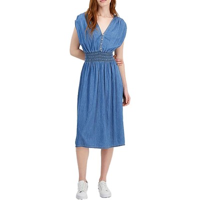 Tommy Hilfiger Womens Blue Button Shirred Casual Midi Dress S BHFO 3815