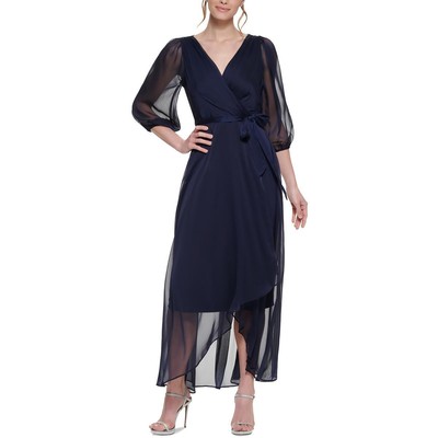 Женское темно-синее прозрачное длинное вечернее платье с запахом DKNY 14 BHFO 3590
