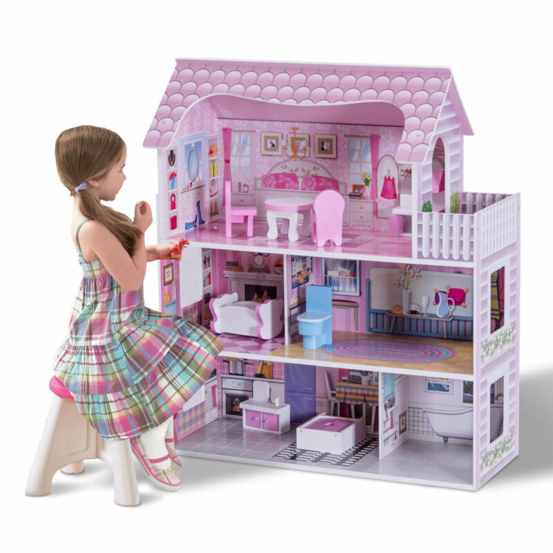 28" Pink Dollhouse w/ Furniture Gliding Elevator Rooms 3 Levels Young Girls Toy