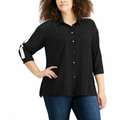 New NY Collection Women's Plus Size 1X Black Racer Stripe Shirt