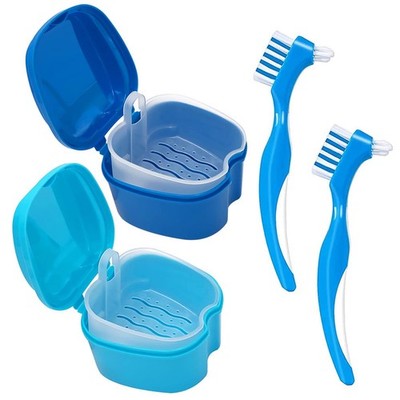 Denture Cleaner Box and Brush Set 2 Pack Denture Bath Case with Basket 2 Pack