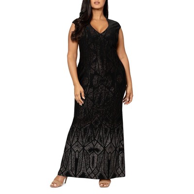 Женское черное металлическое вечернее платье с V-образным вырезом Betsy & Adam Plus 20W BHFO 7500