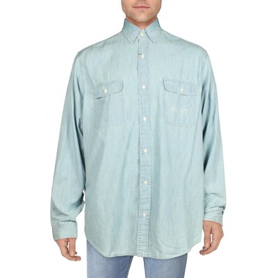 

Мужская синяя рубашка на пуговицах с вышивкой шамбре Polo Ralph Lauren  BHFO 9574, Синий, 710870309001