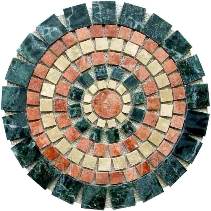 Dia 16" Travertine Marble Mesh Mounted Mosaic Floor Tabletop Decor Medallion