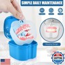 KISEER Light Blue Denture Bath Case Cup Box Holder Storage Container with Denture Cleaner Brush Strainer Basket for Travel Cleaning