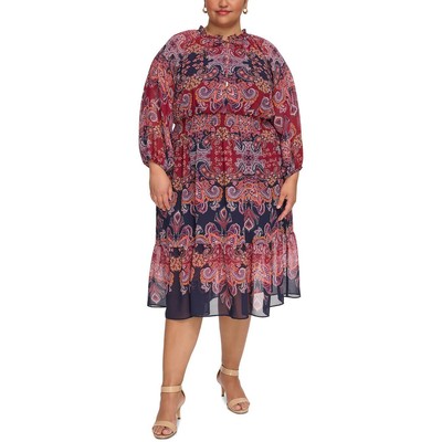 Женское темно-синее шифоновое платье миди с пейсли от Vince Camuto, 24W BHFO 5256