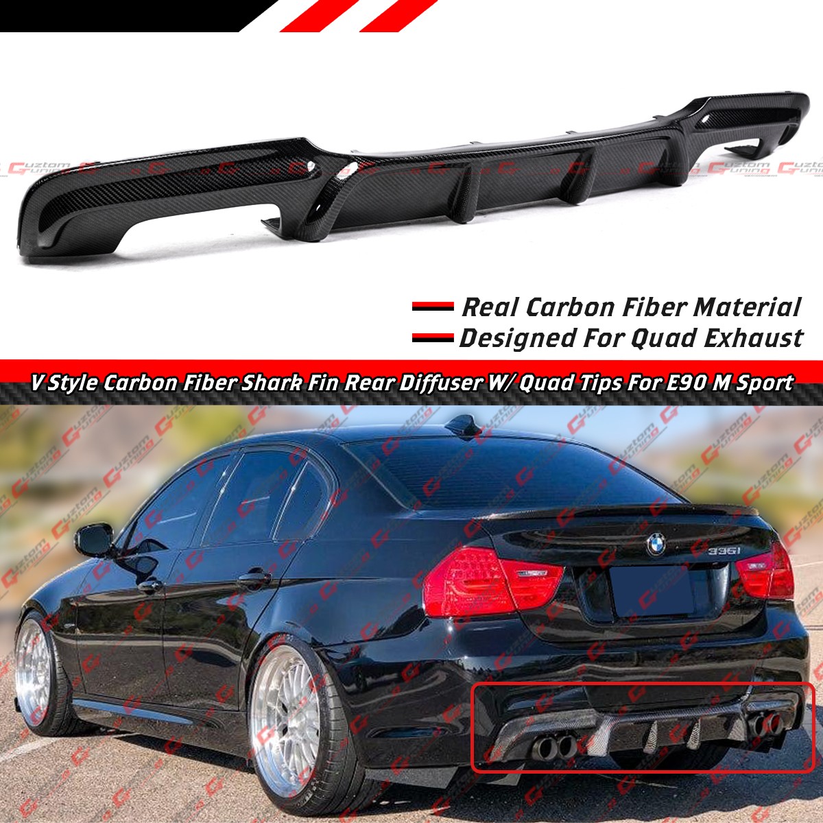 For 2006-2011 BMW E90 E91 M Sport Carbon Fiber Quad Exhaust Rear Bumper Diffuser