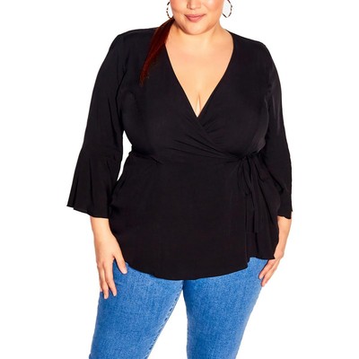 Женская черная нарядная блузка City Chic с рукавами 3/4, топ-рубашка с запахом, плюс 18 BHFO 7704