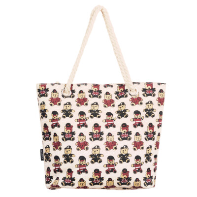 Premium UK Union Jack Teddy Bear Print Cotton Canvas Tote Shoulder Bag Handbag