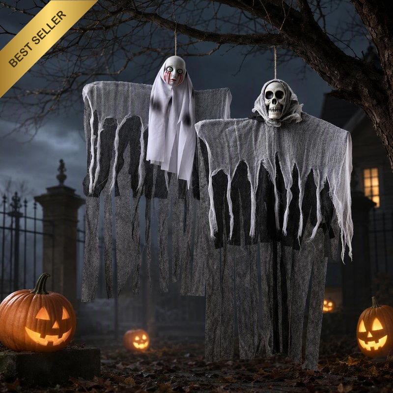 2‑Pack Halloween Hanging Ghost Decorations, Scary Skeleton & Female Ghost 60 X 8