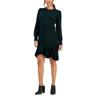 Taylor Womens Green Cable Knit Ruffled A-Line Sweaterdress Petites PXL BHFO 3974