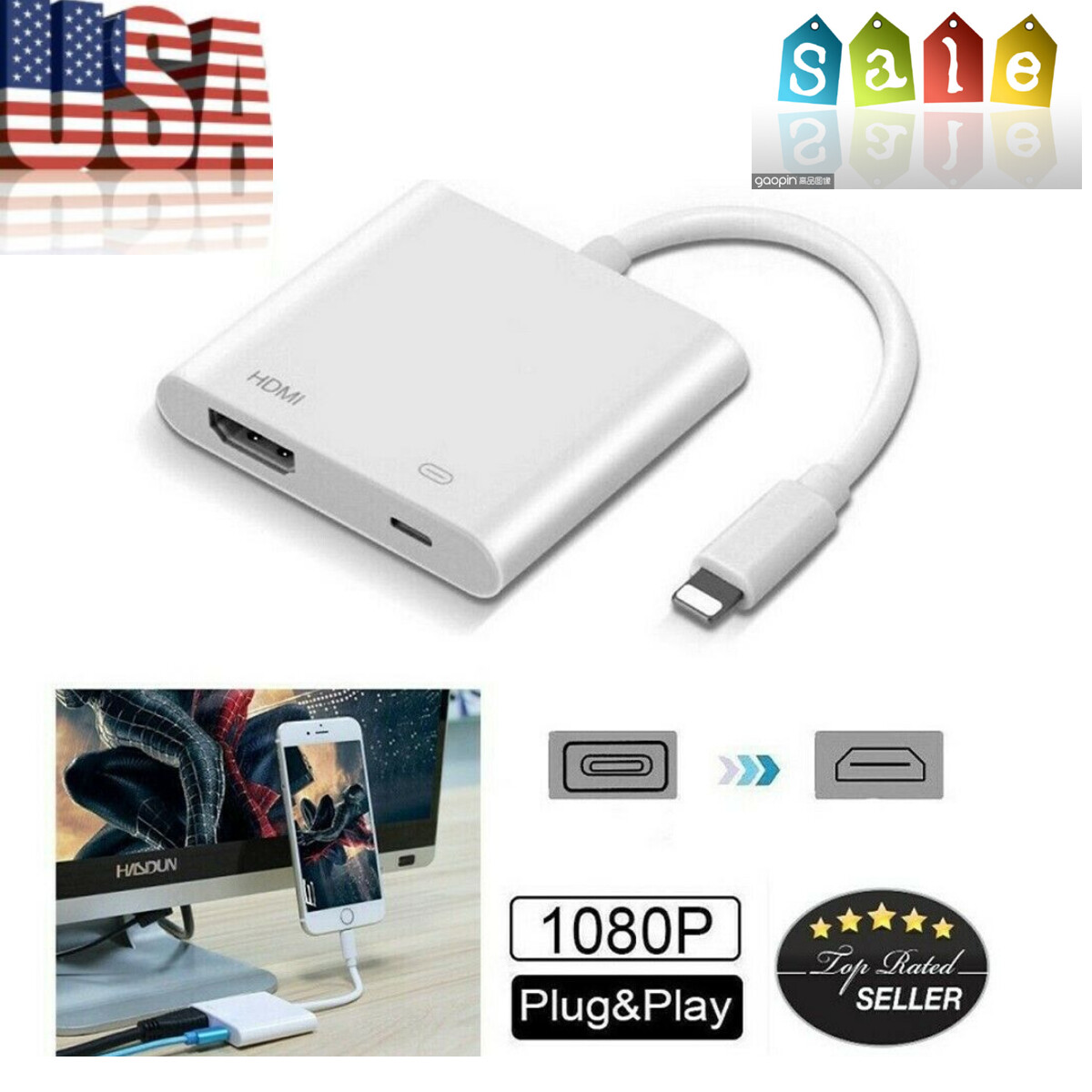 White Apple Lightning to HDMI Digital AV Adapter 1080P HDMI Cable For iPhone iPa