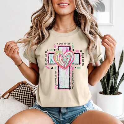 T-shirt da donna God Is Good All The Time Cross Heart Christian Faith Tee - a