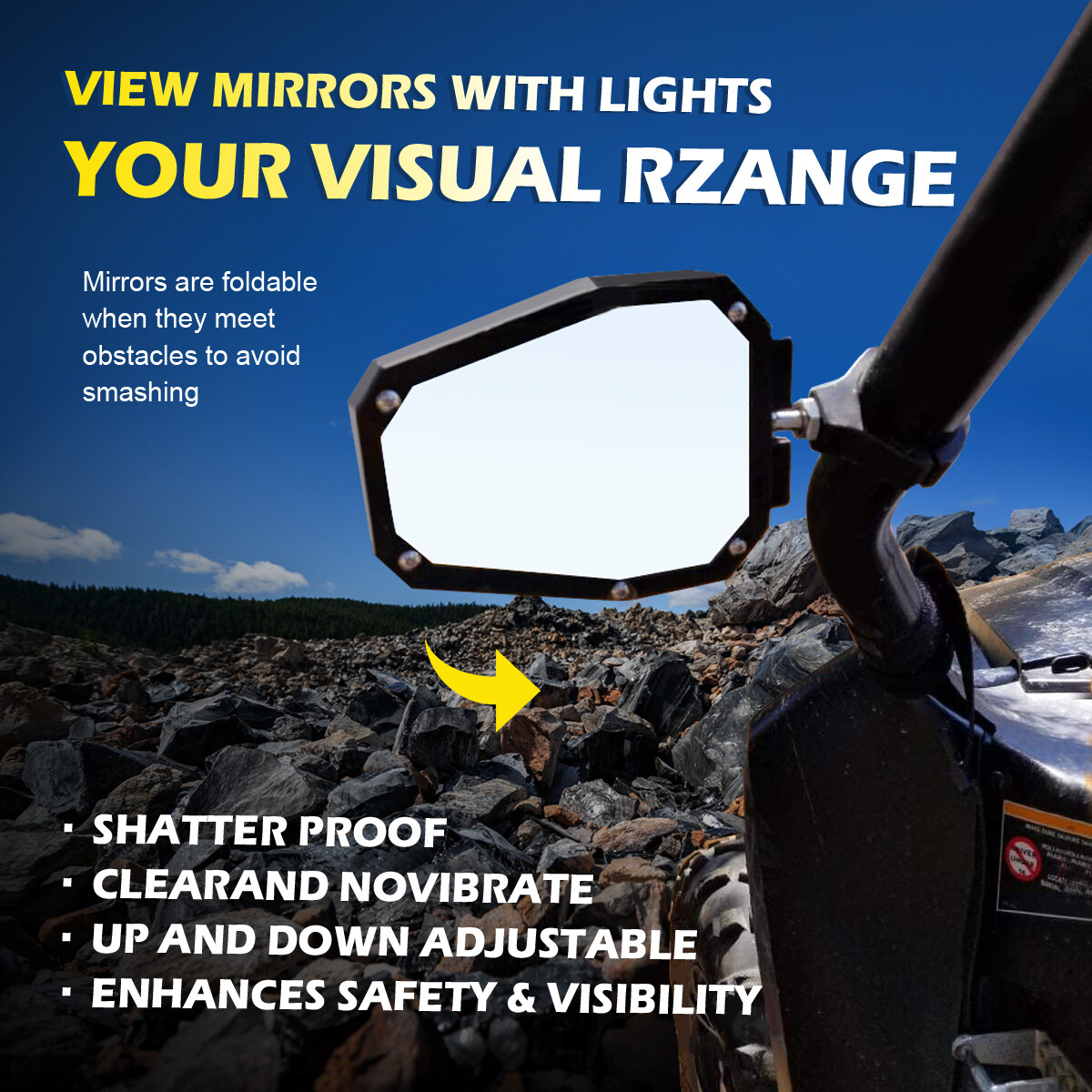 2PCS UTV Side Rear View Mirrors w/ Light for Polaris RZR 900 XP 1000 CAN-AM X3